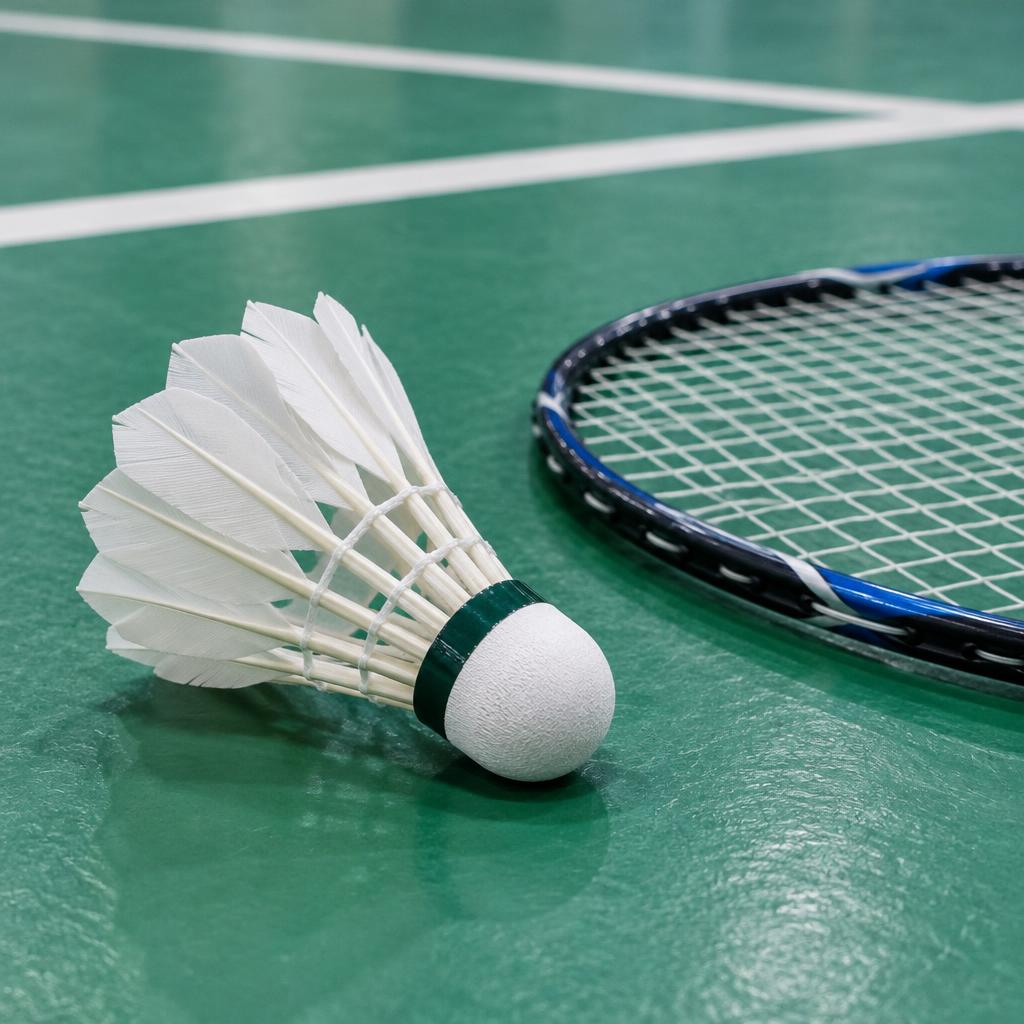 Shuttlecock and racket on the court